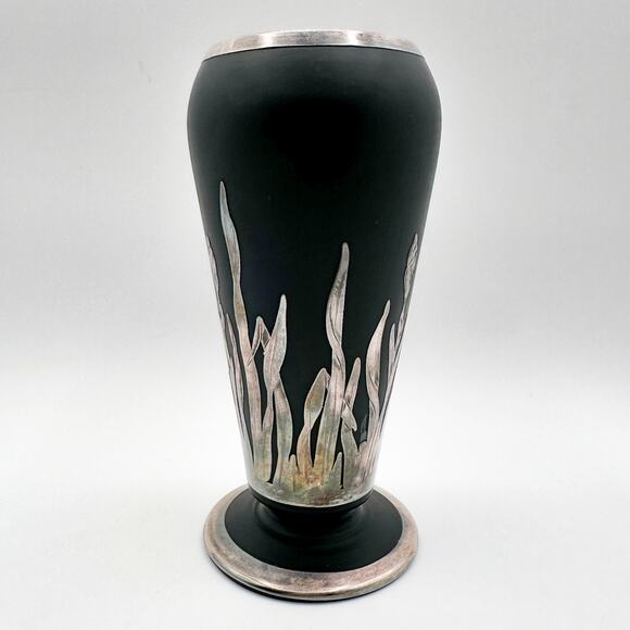 Vintage Black Satin Glass Vase with Sterling Silver Iris Overlay Art Deco Style - Picture 9 of 13